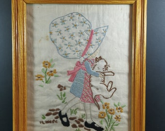 Vintage Holly Hobbie Embroidery in Frame Hand Made Original 1970's