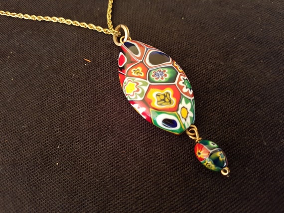 Vintage Millefiori Art Glass Pendant Necklace Bea… - image 1