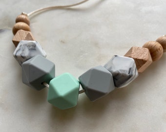 Silicone And Wood Necklace | Beechwood | Aqua | Gray | Marble | Silicone And Wood Necklace | BPA-Free