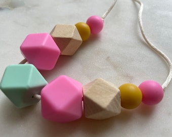 Silicone And Wood Necklace |Beechwood | Pink | Aqua | Mustard Yellow | Silicone And Wood Necklace | BPA-Free