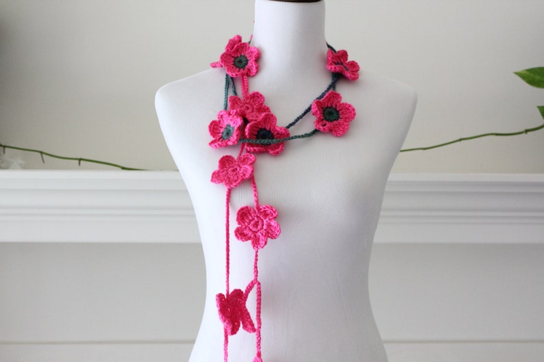 Crocheted Hot Pink Green, Blue Lariat, Necklace, Scarf, Scarflette Etsy