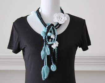 Handmade Crochet Scarf, Necklace Black Aqua White color