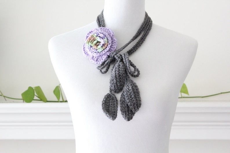 Handmade Gray Purple Removable Brooch Lariat Necklace, Scarflette image 2