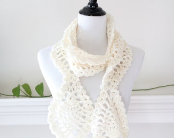 Crocheted Long Cream color Scarf, Neckwarmer