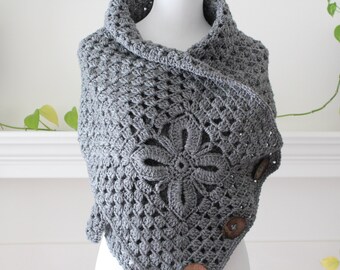 Crocheted Gray Color Scarf, Shawl, Poncho