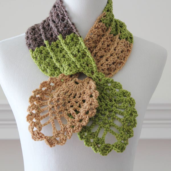 Crocheted Light Green, Brown  Scarf, Scarflette