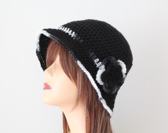 Crocheted Hat Black Gray Cloche Hat