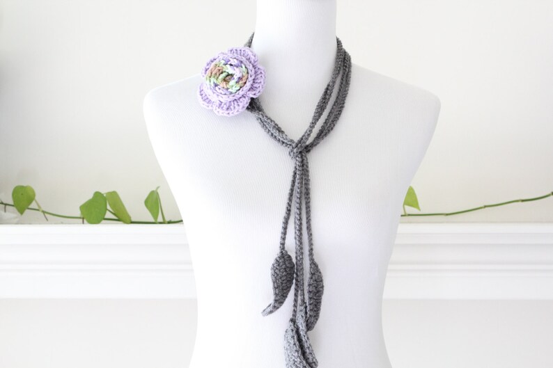 Handmade Gray Purple Removable Brooch Lariat Necklace, Scarflette image 3