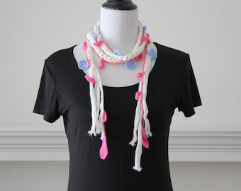 Handmade Crochet Pink  Blue Ivory Lariat, Scarf, Necklace, Scarflette