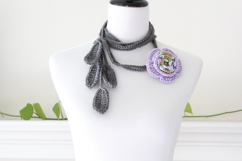 Handmade Gray Purple Removable Brooch Lariat Necklace, Scarflette image 1