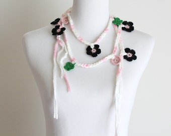 Crochet Pink, Black, White, Green, Lariat, Scarf, Necklace, Scarflette