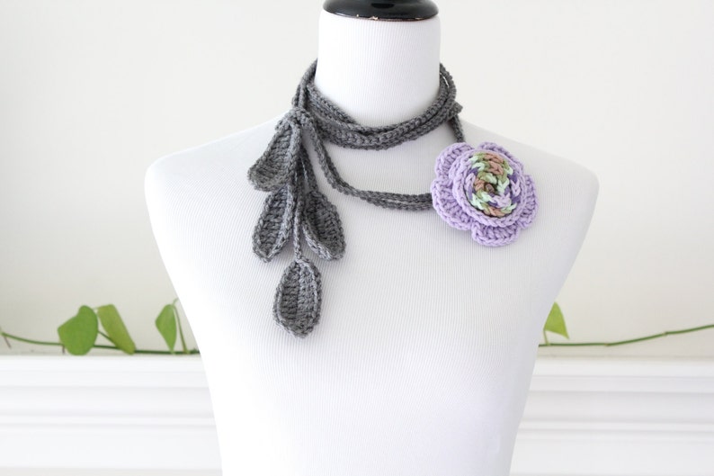 Handmade Gray Purple Removable Brooch Lariat Necklace, Scarflette image 4