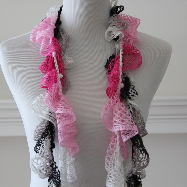 Crochet Pink, Black, White, Gray  Lariat, Scarf, Necklace, Scarflette set of 2