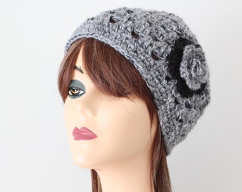 Crocheted Black Gray Beanie Hat with Flower