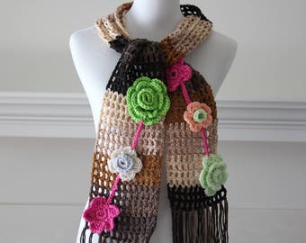 Crochet Brown mix Neckwarmer or Scarf with Flower.