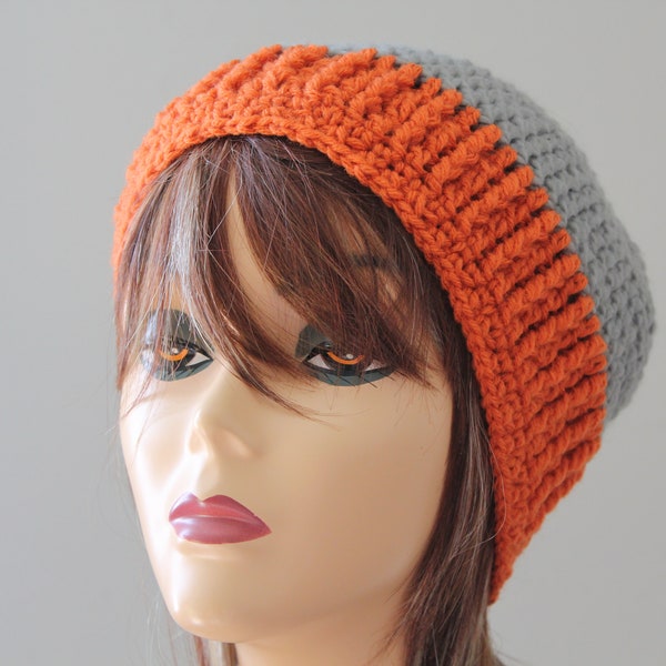 Handmade Crocheted Gray Dark Orange Beanie Hat