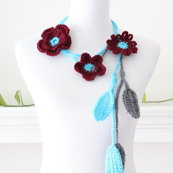 Crocheted Burgundy Turquoise Gray Flower Scarf, scarflette, necklace