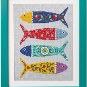 Modern cross stitch/needlepoint chart, Portuguese fish, colourful fish, bathroom picture, PDF - Instant download