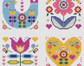 Folk art designs, colourful folk-style greetings, set of four, cross stitch chart, PDF - Instant download