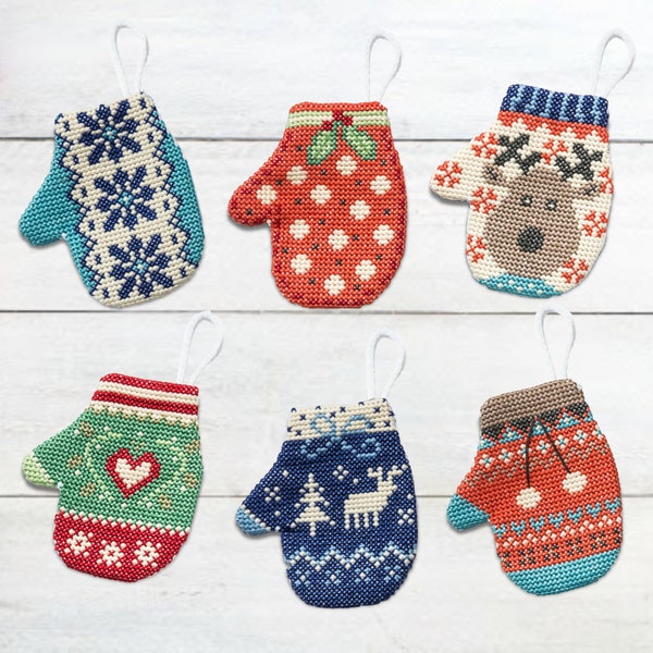Christmas tree decorations, mitten ornaments, set of six, cross stitch chart, Christmas, PDF - Instant download