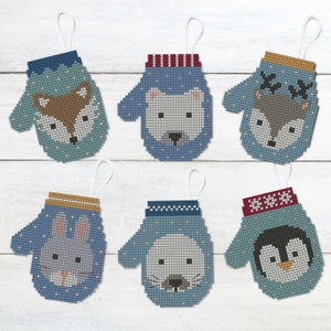 Christmas tree decorations, polar pals mitten ornaments, set of six, cross stitch chart, Christmas, PDF - Instant download