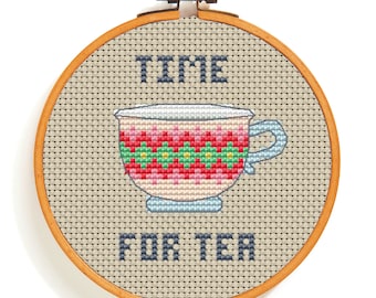 Hübsche Teetassen, achter Set plus ABC und Zahlen, Tee-Party, Einweihungskarten, Kreuzstichvorlage, PDF - Sofortdownload