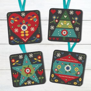 Christmas folk art ornaments, festive decorations, baubles, set of four, cross stitch chart, PDF - Instant download