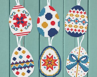 Easter decorations, Scandi eggs, hanging ornaments, set of six, cross stitch chart, PDF - Instant download