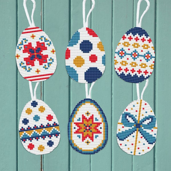 Easter decorations, Scandi eggs, hanging ornaments, set of six, cross stitch chart, PDF - Instant download