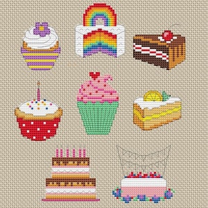 Gâteaux colorés, ensemble de huit plus ABC et chiffres, cartes de fête d'anniversaire, grille de point de croix, PDF - Téléchargement instantané