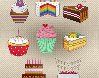 Colourful cakes, set of eight plus ABC and numbers, birthday celebration cards, cross stitch chart, PDF - Instant download