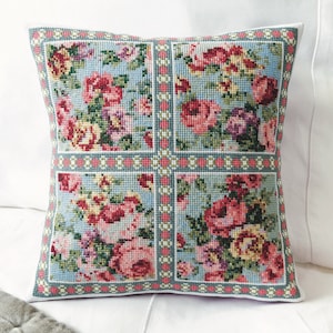 Vintage roses, summer floral cushion, cross stitch chart, PDF - Instant download