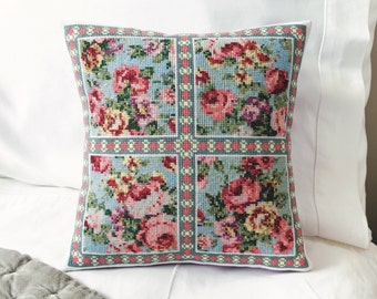 Vintage roses, summer floral cushion, cross stitch chart, PDF - Instant download