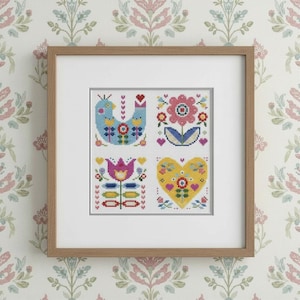 Schema punto croce arte popolare, set di quattro (schema PDF)