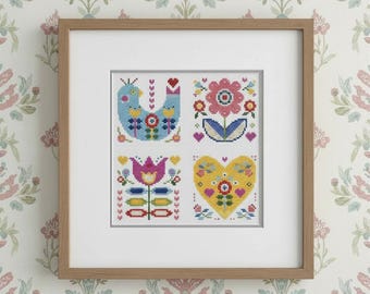 Folk Art Cross Stitch Chart, Set of Four (PDF Pattern)