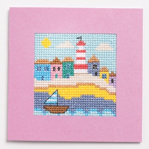 Rainbow houses, set of six colourful greetings cards, cross stitch chart, PDF - Instant download