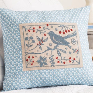 Bird and Berries, Winter Christmas cushion, cross stitch chart, PDF - Instant download
