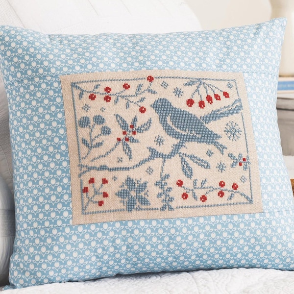 Bird and Berries, winterkerstkussen, kruissteekkaart, pdf - direct downloaden