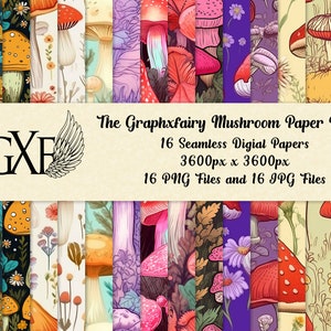Mushroom Background, Fun Digital Papers, Vintage Mushrooms, Retro Seamless Patterns, Bridal Digital Scrapbook Papers, Instant Download