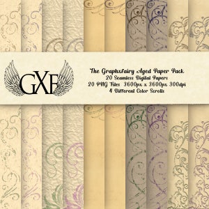 Aged Paper Digital Scrapbook Papers 20 Parchment Paper Backgrounds, 4 different Color Scrollwork Frames on Vintage Paper Parchment Paper