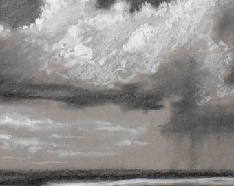 April Shower, Original Drawing, Graphite, charcoal and white chalk on toned paper,