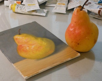 Ripe Pear Oil Painting: Still Life Art, Framed or Unframed (5x7 inch)