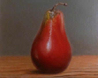 Red Pear II Original Still Life Oil Painting in Wood Frame