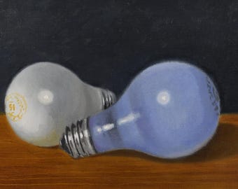 Original Oil Painting: Light Bulbs Still Life, Gold Leaf Frame