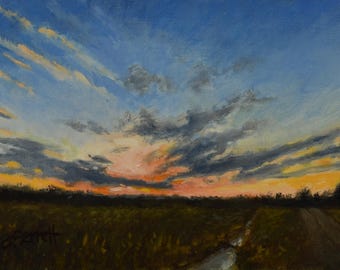 February Sunset Oil Painting: Framed Landscape Art, 5x7 in