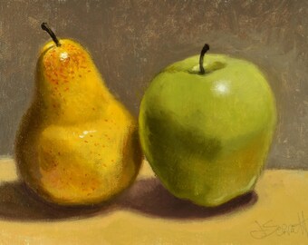 Yellow Green – Pear Apple_Still life_Original Oil Painting_Wood Frame