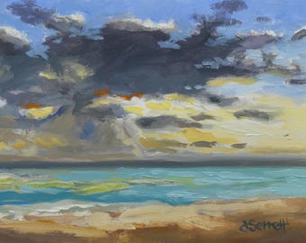 Mayan Sun Oil Painting: Framed Seascape, Alla Prima Art (5x7 in)