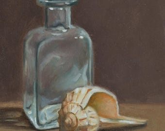 Bottle and Shell_Still life_Original Oil Painting_Wood Frame