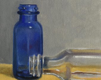 Blue and Clear Bottles_Still life_Original Oil Painting_Wood Frame