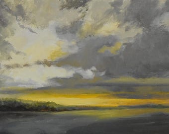 Golden Sunset Lake: Original Oil Painting, En Plein Air, 5x7 Framed